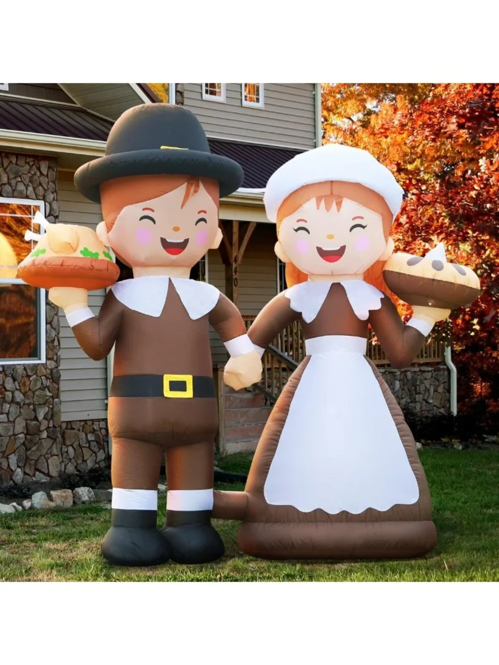6ft LED Inflatable Pilgrim Boy & Girl - Thanksgiving Outdoor Yard Decor, Fall